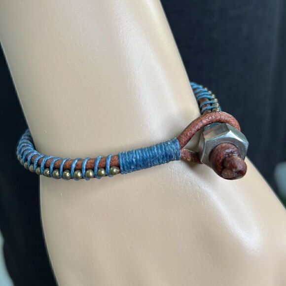 7#9 Leather Handcrafted Bracelet 7” Brown and Blue - Picture 5 of 5